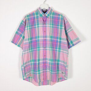 Vintage Plaid Short Sleeve Button Down Shirt Made in Hong Kong